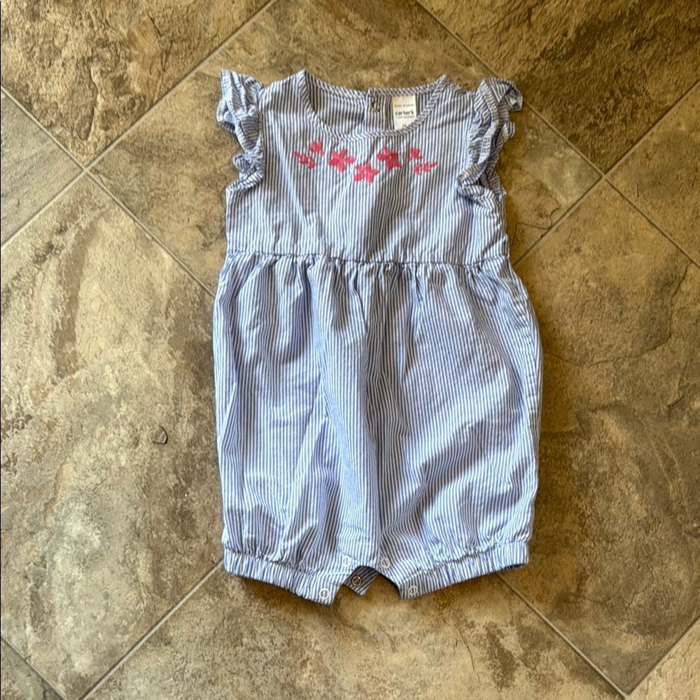 Carter's Blue and White Striped Romper with Red Floral Embroidery